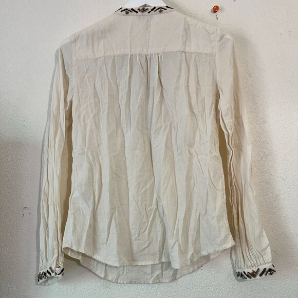 Lucky Brand Womens Beaded Embellished Long Sleeve Top Small Ivory Split Neck - Picture 4 of 10